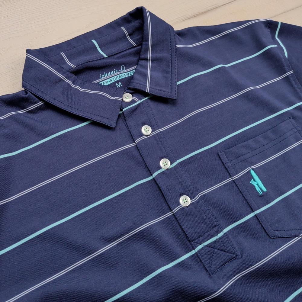 Johnnie-O Polo Shirt Mens M Hagen Blue Stripe Prep-Formance Golf Stretch Pocket‎